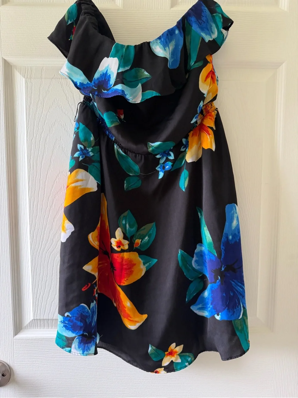 Black Floral strapless Dress with Blue & Yellow Blooms - Picture 1 of 2